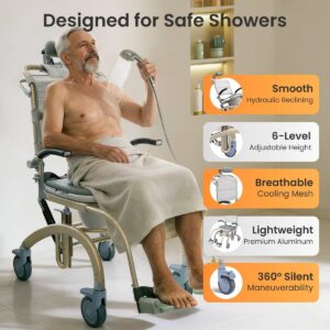 Senior man showering in the VOCIC XZY08 reclining shower chair with wheels