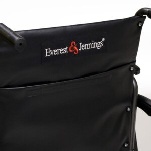 Black vinyl back upholstery with chart pocket on the Traveler SE Plus wheelchair