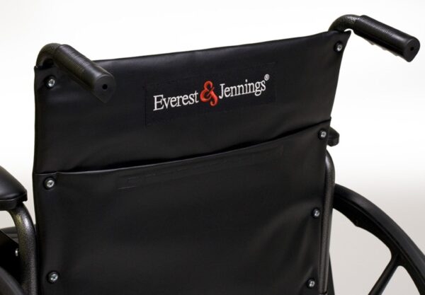Black vinyl back upholstery with chart pocket on the Traveler SE Plus wheelchair