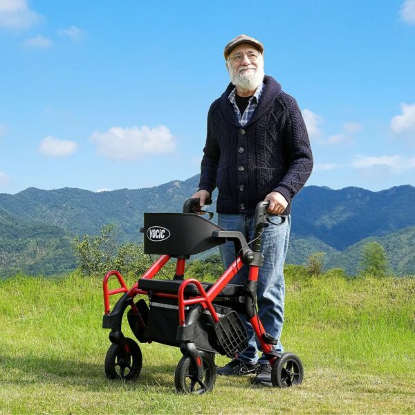 Senior walking outdoors with the VOCIC Z55 rollator wheelchair in rollator mode