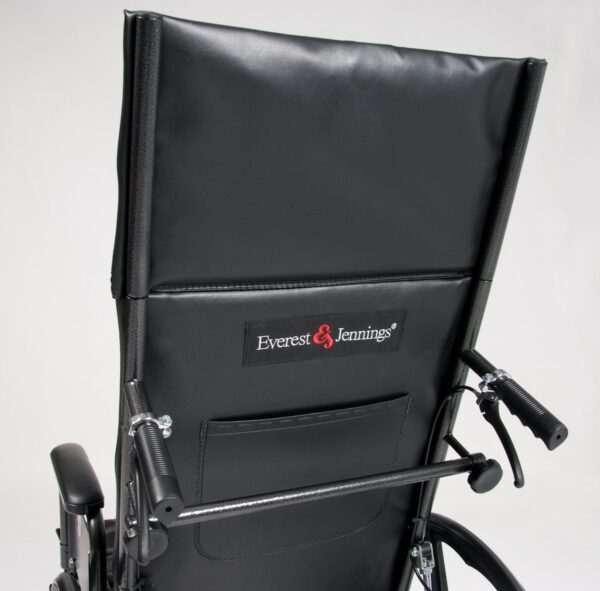 Spreader bar and chart pocket on the back of the Everest Jennings reclining wheelchair
