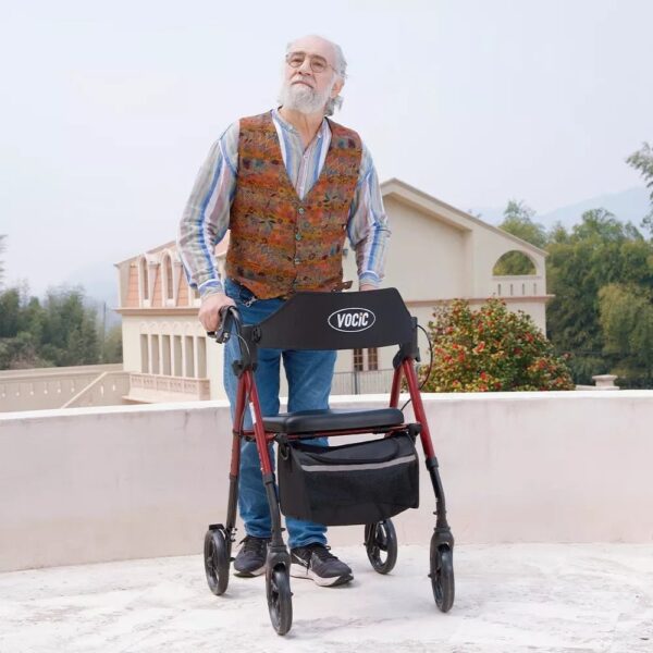 Senior man standing with a red VOCIC Z21 affordable rollator walker