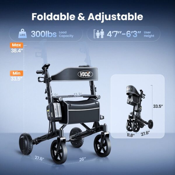 VOCIC Z73 size chart: 300 lb capacity, 4'7" to 6'3" users, folded size