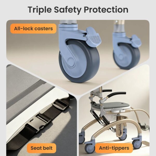 VOCIC XZY08 shower chair locking casters, seat belt and anti-tippers