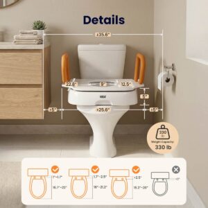 VOCIC AX12 toilet seat lift dimensions, 330 lb capacity and toilet fit chart