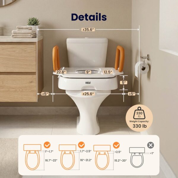 VOCIC AX12 PRO toilet seat lift dimensions and 330 lb capacity