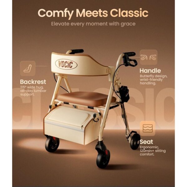 Padded backrest and seat on the VOCIC Z63 rollator