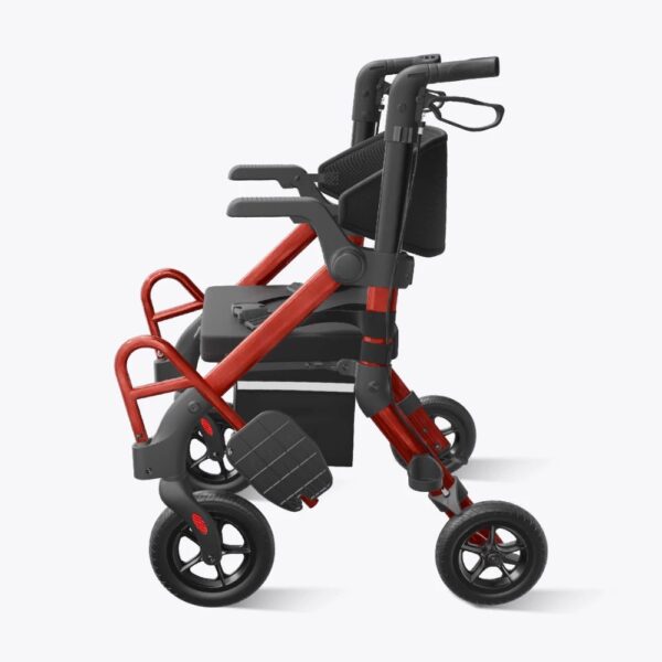 VOCIC Z55 rollator wheelchair in Red, side view with footrests folded up