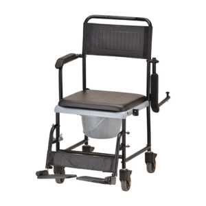 drop-arm transport commode chair with wheels and padded seat