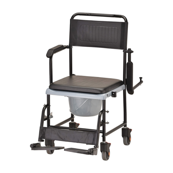 drop-arm transport commode chair with wheels and padded seat