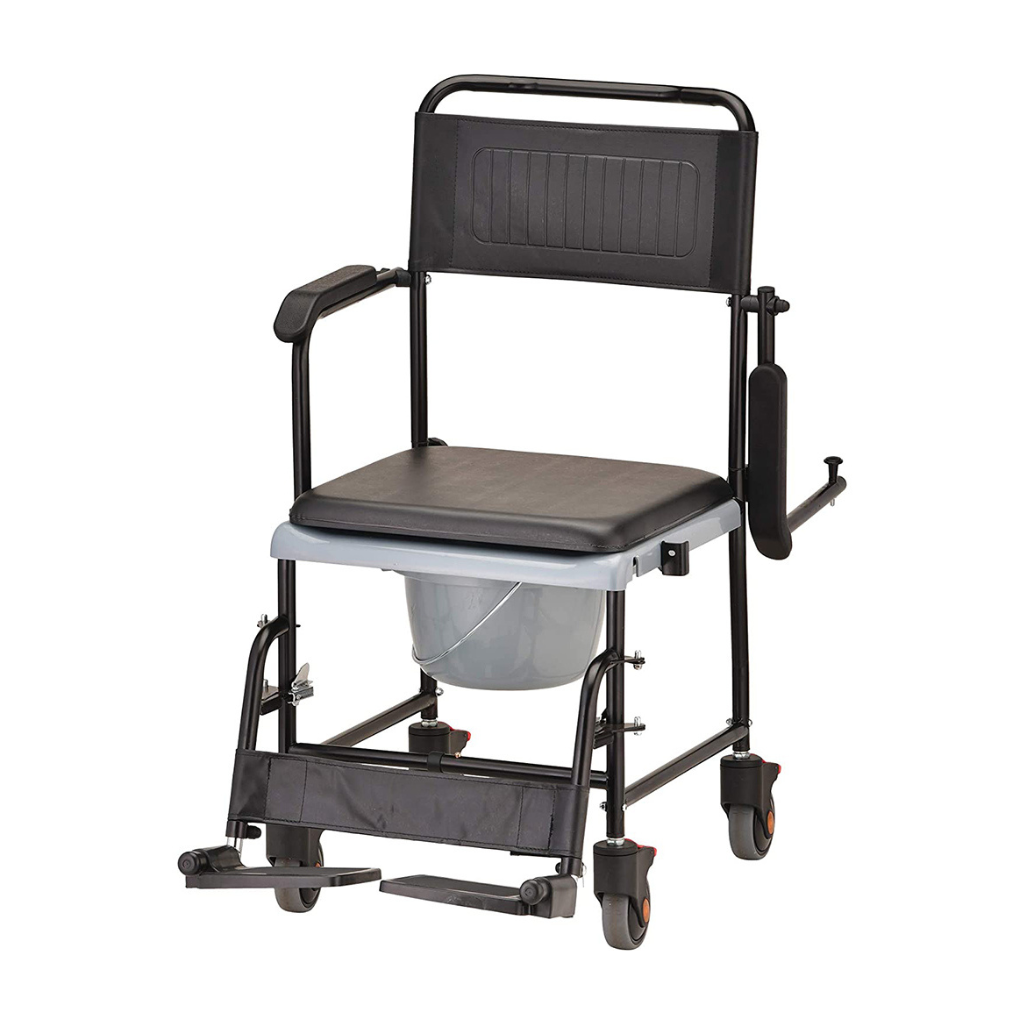 drop-arm transport commode chair with wheels and padded seat