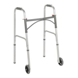 McKesson Dual Release Folding Walker with Wheels Adjustable Height Steel Frame 350 lbs. Weight Capacity 32 to 39 Inch Height - Image 1