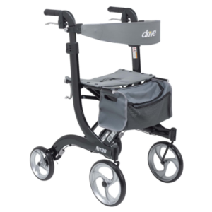 Drive Nitro Sprint Rollator Walker with Seat – Folding 4 Wheel Walker, Slow-Down Brakes 5 Drive Nitro Sprint rollator walker with seat, black folding aluminum frame, 10-inch wheels, hand brakes, and storage bag