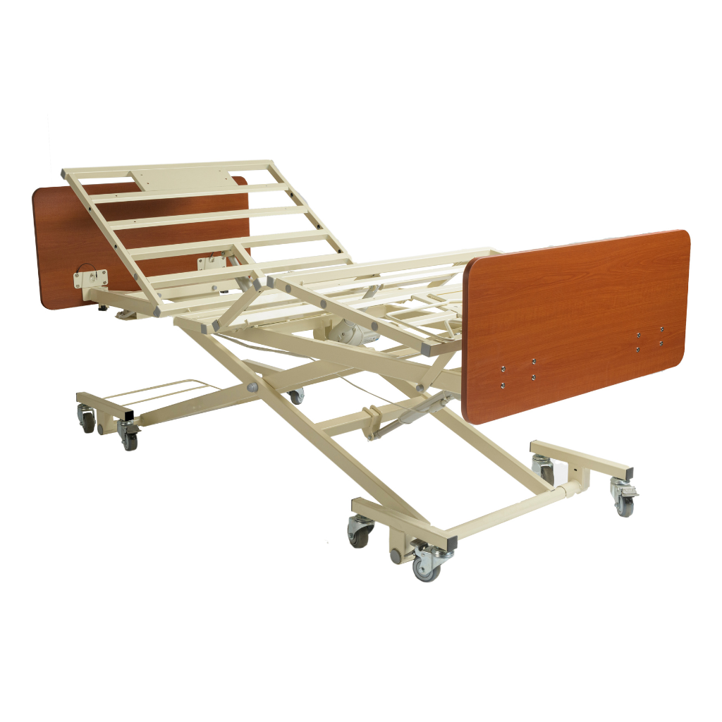 Ultra-low long term care bed with adjustable height and tool-free assembly