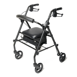 Steel rollator walker with seat and brakes for elderly mobility support