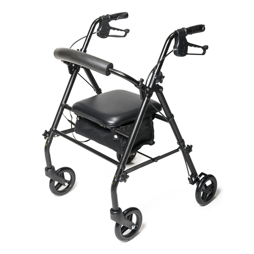 Steel rollator walker with seat and brakes for elderly mobility support