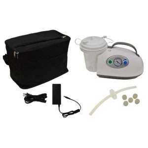 Lightweight Roscoe Portable Suction Machine Battery Powered with full kit including suction canister, tubing, filter, and carrying case.