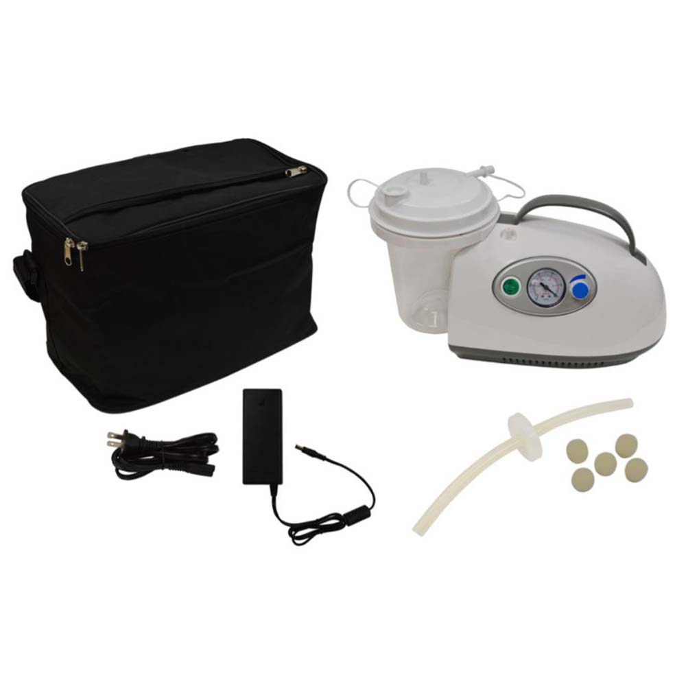 Lightweight Roscoe Portable Suction Machine Battery Powered with full kit including suction canister, tubing, filter, and carrying case.