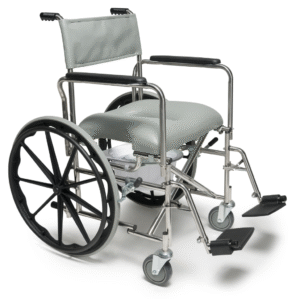 Self-propelled rehab shower commode chair with stainless steel frame and pail