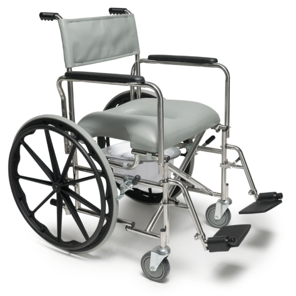 Self-propelled rehab shower commode chair with stainless steel frame and pail