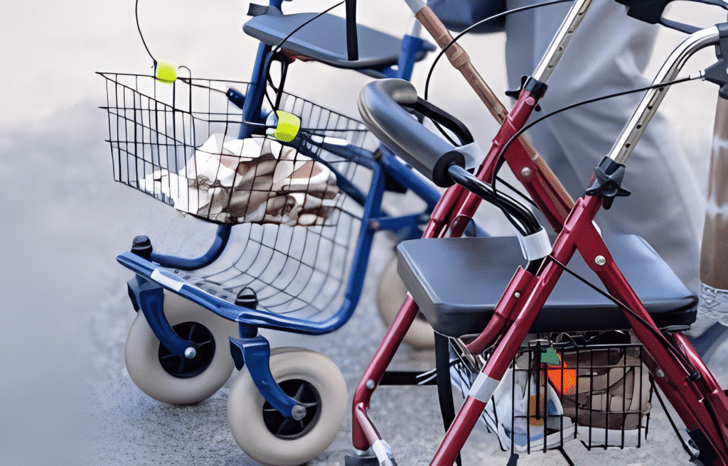Elderly individuals utilizing rolling walkers, highlighting rollators for sale