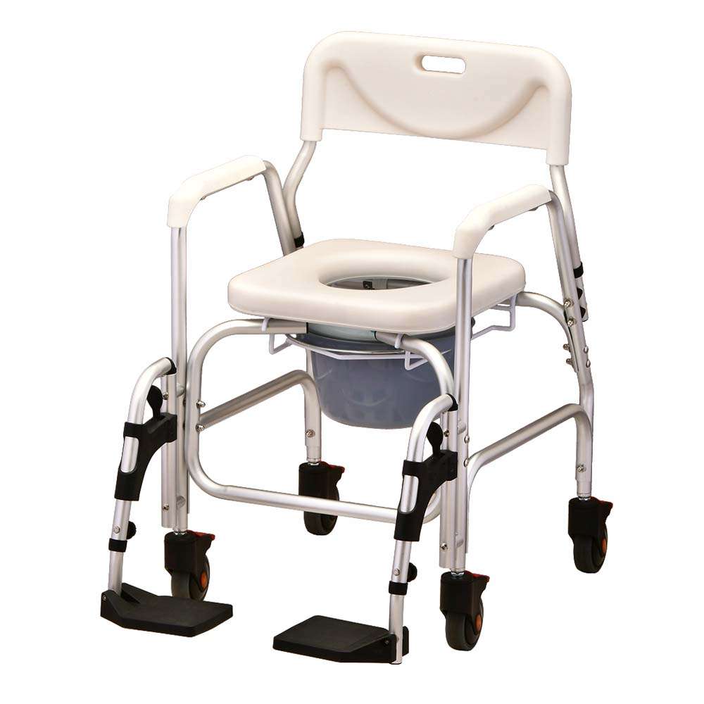 Deluxe rolling shower chair with commode and footrests for elderly and disabled
