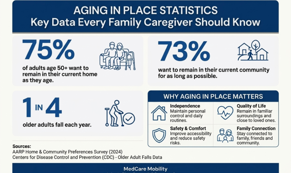 Home Page - MedCare Mobility 86 Aging in place statistics infographic showing that 75% of adults age 50+ want to remain in their current home, 73% want to remain in their community, and 1 in 4 older adults fall each year, highlighting senior independence, home care trends, and home safety for seniors.