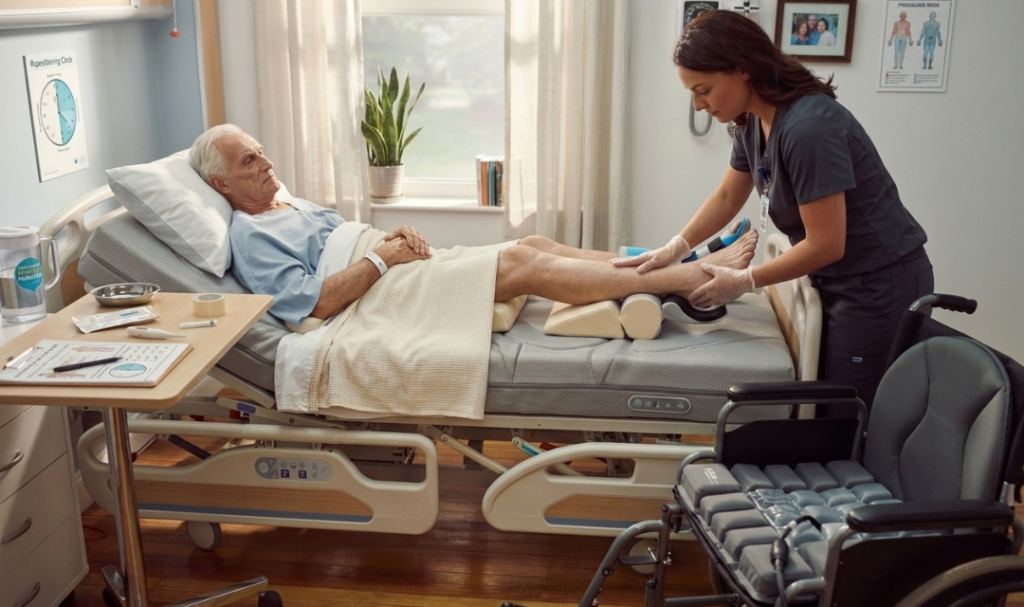 Caregiver performing a pressure ulcer prevention assessment on an elderly patient using a pressure relief mattress, heel offloading support, and wheelchair cushion to help prevent bed sores and skin breakdown.