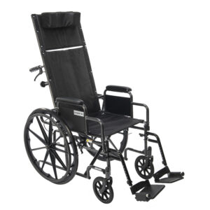 High back reclining wheelchair providing full spinal support and adjustable comfort for elderly and disabled users