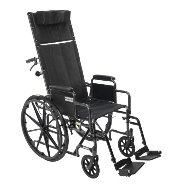 High back reclining wheelchair providing full spinal support and adjustable comfort for elderly and disabled users
