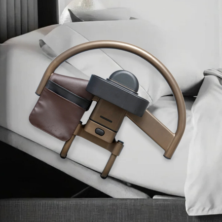 Bed rail for adjustable bed with EZ Click removable handle, organizer pouch, cup holder, and bedside support for safer transfers