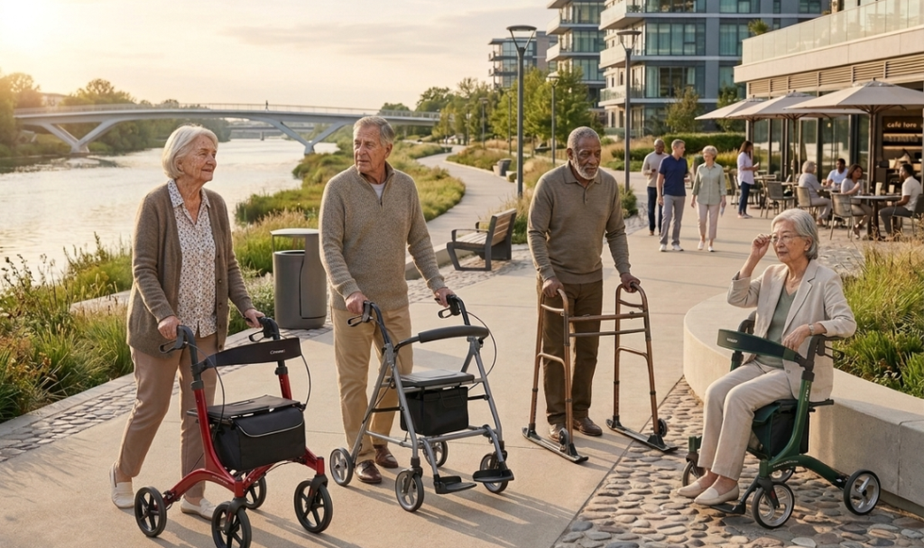 Older adults using different types of walkers including rollators, standard walkers, and walkers with seats while walking outdoors, illustrating how to choose the best walkers for aged adults, seniors, and elderly users based on mobility needs and everyday independence.