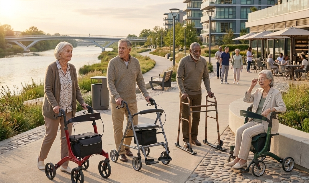 Older adults using different types of walkers including rollators, standard walkers, and walkers with seats while walking outdoors, illustrating how to choose the best walkers for aged adults, seniors, and elderly users based on mobility needs and everyday independence.