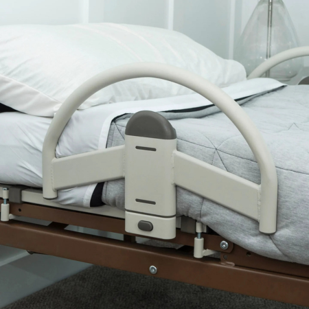 Bed handle assist for hospital beds with dual removable support handles, 500 lb capacity, organizer pouch, and phone holder