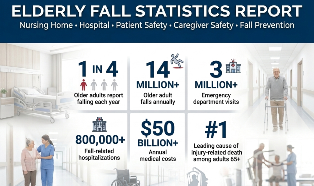 Home Page - MedCare Mobility 86 Elderly Fall Statistics Report showing elderly fall statistics, hospitalizations, emergency department visits, annual medical costs, nursing home safety risks, caregiver safety concerns, and patient fall prevention data in the United States.