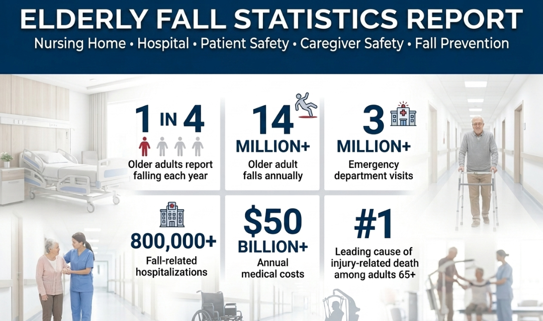 Elderly Fall Statistics Report showing elderly fall statistics, hospitalizations, emergency department visits, annual medical costs, nursing home safety risks, caregiver safety concerns, and patient fall prevention data in the United States.