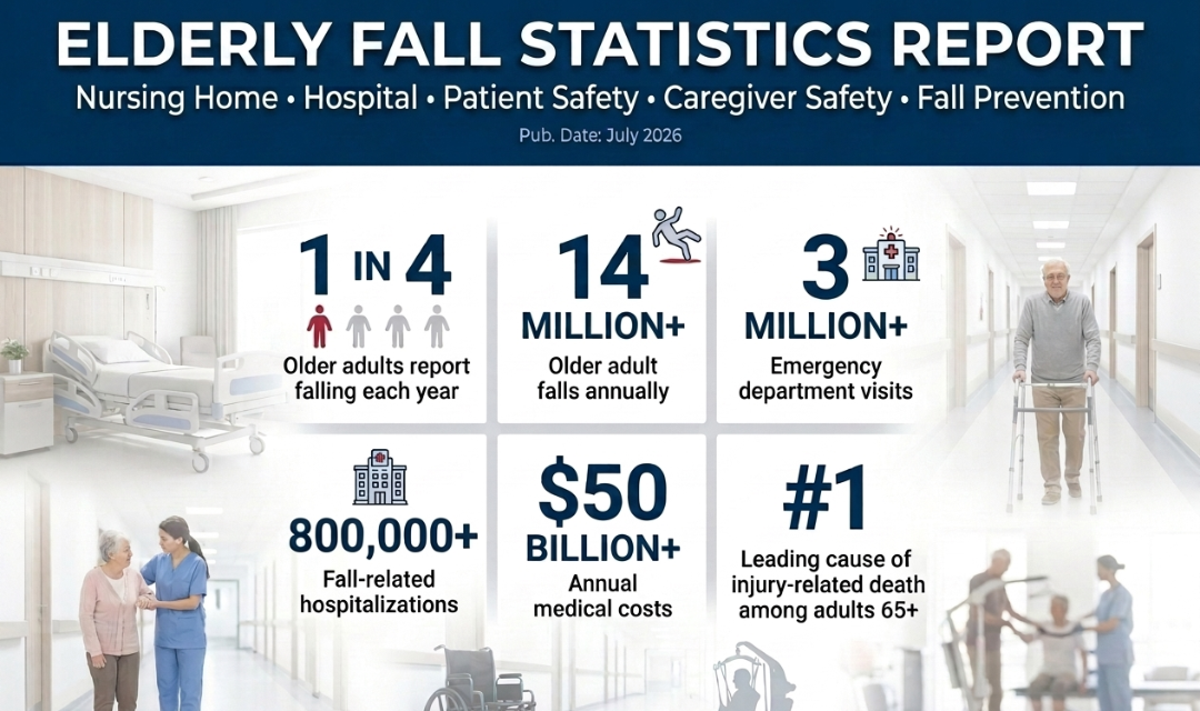 Elderly Fall Statistics Report showing elderly fall statistics, hospitalizations, emergency department visits, annual medical costs, nursing home safety risks, caregiver safety concerns, and patient fall prevention data in the United States.