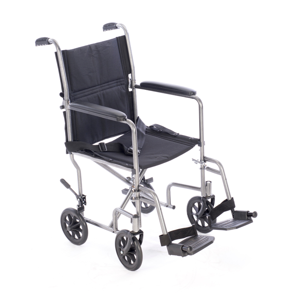 Astra Steel transporting wheelchair with padded armrests