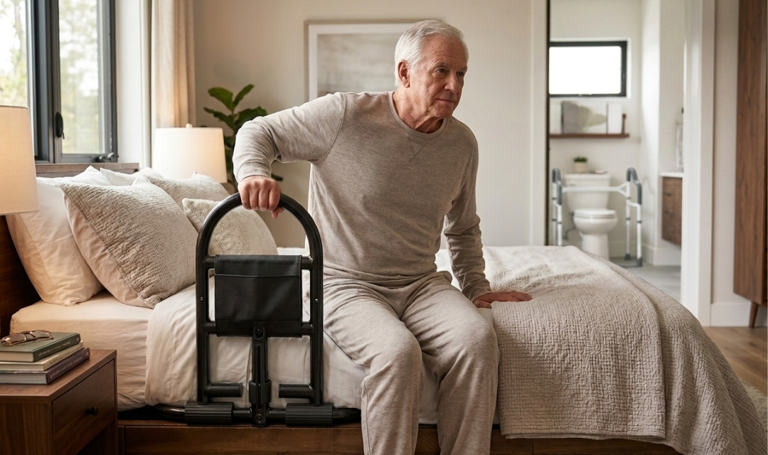 Home safety for seniors with bed assist rail and toilet safety rail