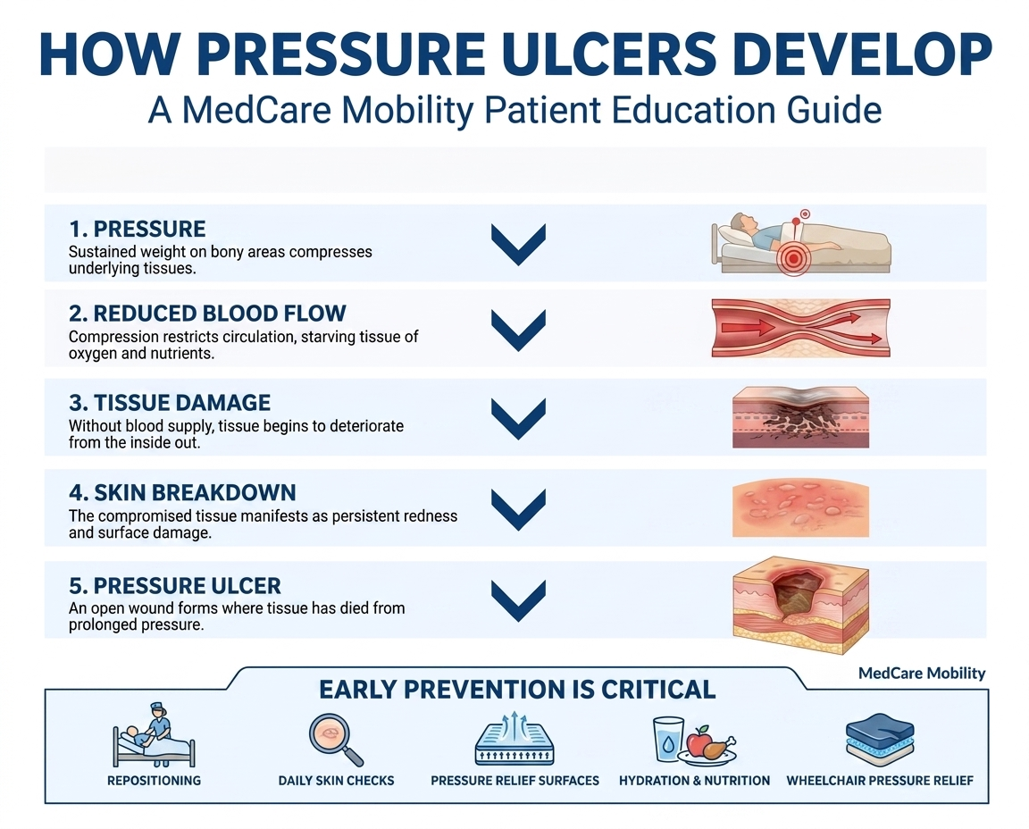 Infographic showing how pressure ulcers develop through five stages: pressure, reduced blood flow, tissue damage, skin breakdown, and pressure ulcer formation, with prevention strategies including repositioning, skin checks, pressure relief surfaces, hydration, and wheelchair pressure relief.