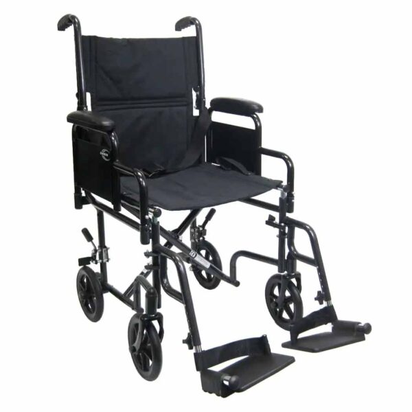 Black Karman T-2700 transfer wheelchair with removable armrests and swing-away footrests for easy side transfers.