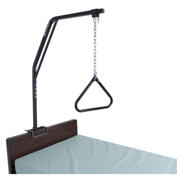 Adjustable trapeze bar for bed with brown steel frame