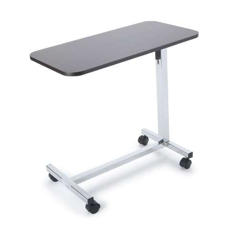 McKesson Non-Tilt Overbed Table – Spring Assisted Lift Over Bed Table, 28.25" to 43.25" Height, Walnut Laminate Top
