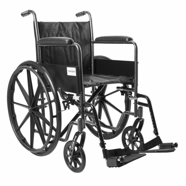 McKesson Wheelchair 18 Inch Seat Dual Axle Full Length Arm Black Upholstery McKesson Wheelchair 18 Inch Seat Dual Axle Full Length Arm Black Upholstery