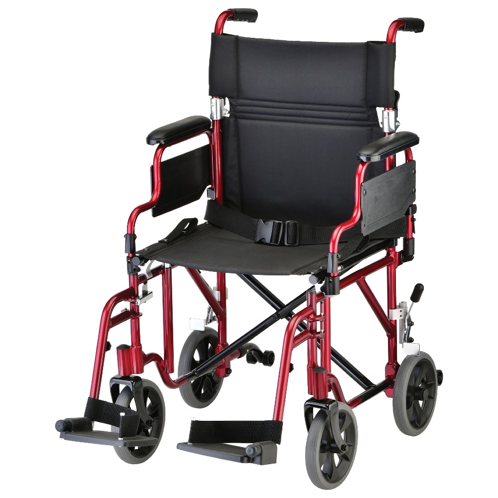 Nova transporter wheelchair with swing-away footrests and detachable arms, ideal for easy wheelchair transport.