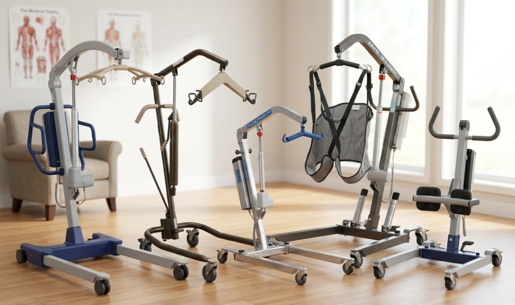Patient lifting devices lineup including electric Hoyer lift, hydraulic patient lift, bariatric medical lift and stand assist device for home use