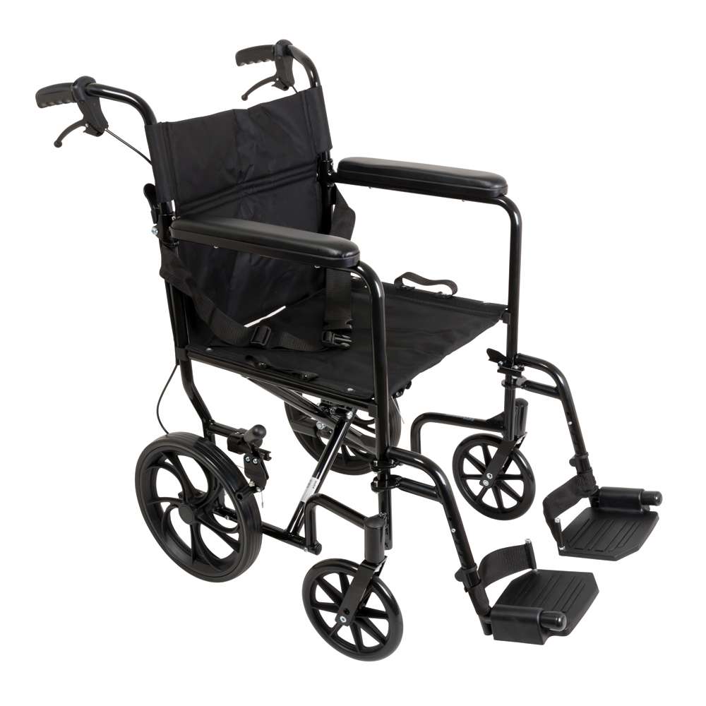 ProBasics Aluminum Transport Wheel Chair with 12" rear wheels, lightweight and foldable, ideal for patient transfers
