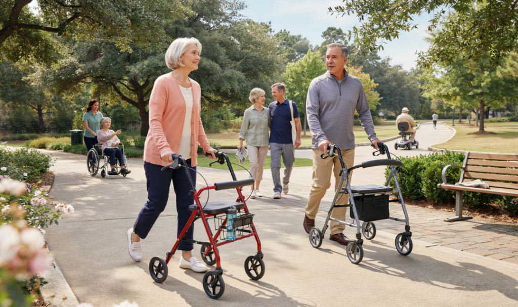 Home Page - MedCare Mobility 86 Active seniors using rollator walkers, a wheelchair, and a mobility scooter while enjoying a safe outdoor park setting that promotes mobility, independence, healthy aging, and social engagement.