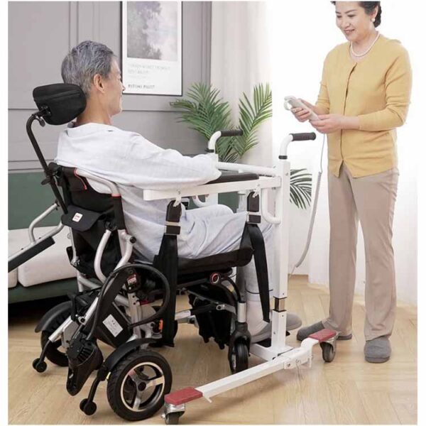 Patient lift transfer chair folded and stored in a car trunk, highlighting its portability