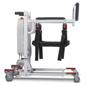 Patient transfer lift chair displayed in a shower setting, showcasing its waterproof design